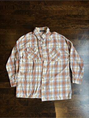 American Eagle Outfitters Cream and Orange Plaid Button-Down Shirt